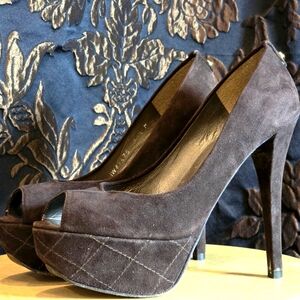 Chocolate Brown Stuart Weitzman Peep Toe Platform Heels, 7.5